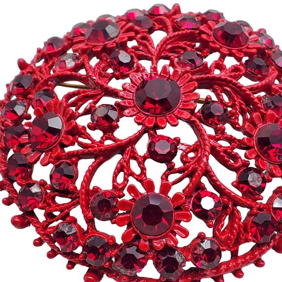 Large Round Red Rhinestone Brooch Enamel Floral Metal Pin Circle Cluster Dome - Picture 2 of 10